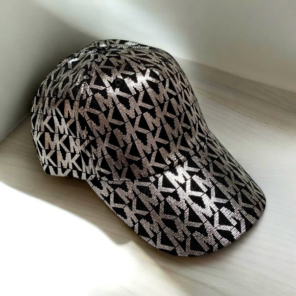 Michael Kors Monogrammed Black & Silver Metallic Baseball Cap OS NWT - Picture 7 of 14